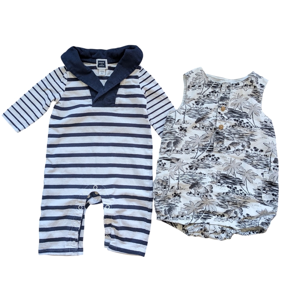 Bundle (2) Janie And Jack Baby Boy 0-6 Month One Piece Bodysuit Stripe Palm Tree
